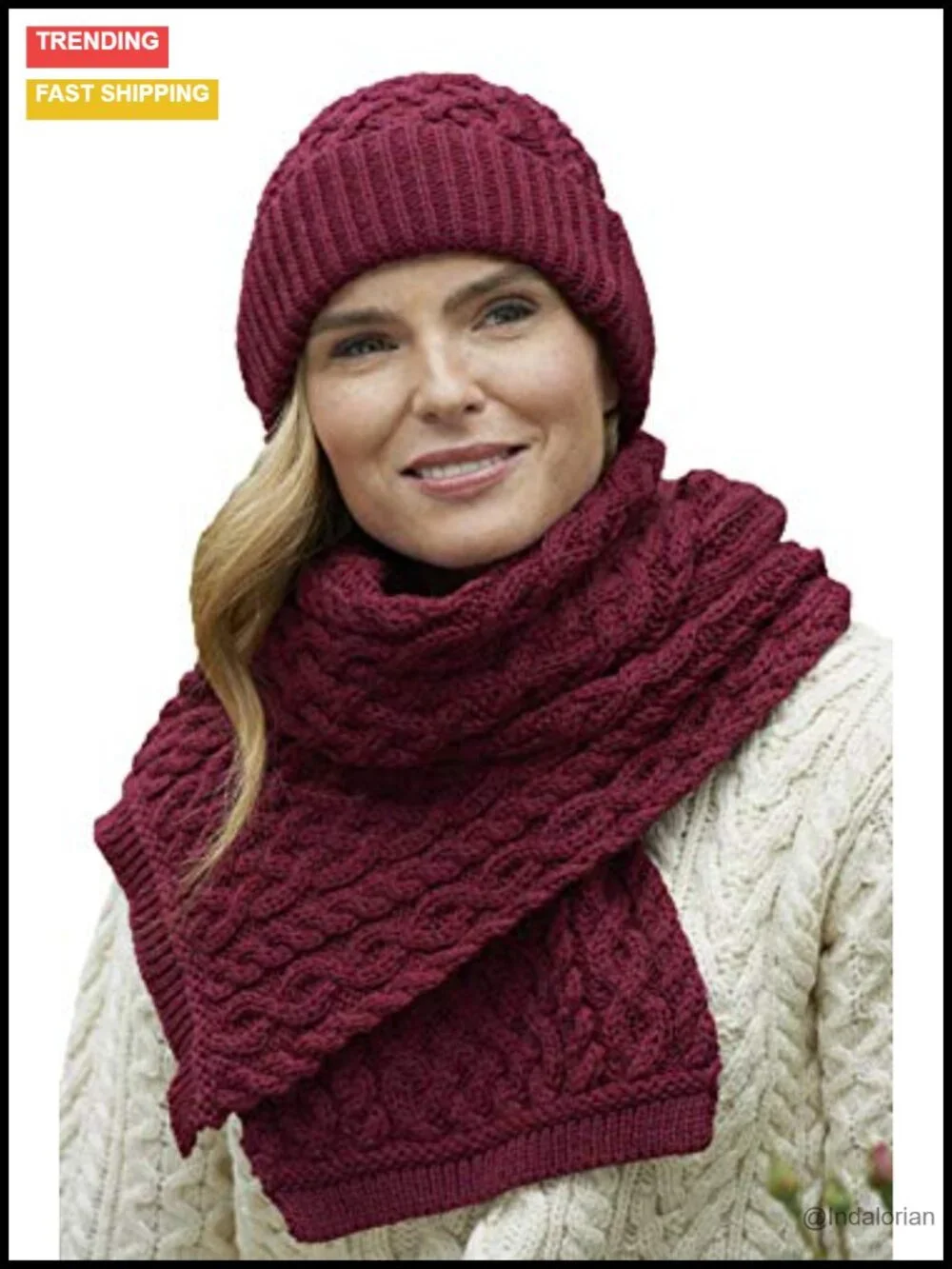 Authentic Aran Knit Wool Scarf Trellis Stitch Cozy Warm Wrap